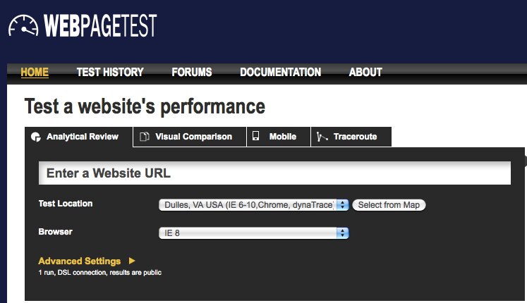 Interface of WebPageTest for testing website performance.