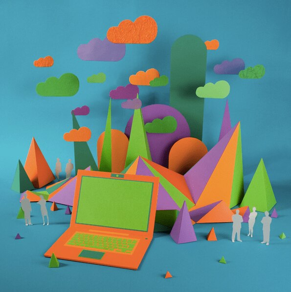 A vibrant scene featuring a laptop surrounded by colorful geometric shapes and clouds,set against a blue background.