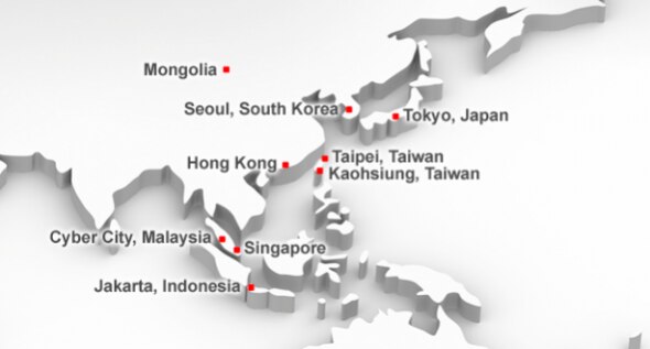 3D map highlighting major cities in East and Southeast Asia.