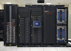 A rack of data servers in a data center,featuring multiple server units and a display panel.