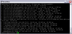 A command line output showing the results of a traceroute command,displaying various hops,IP addresses,and response times.