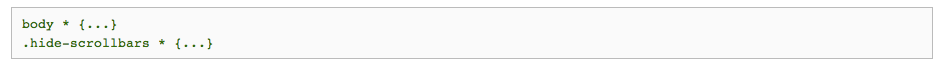 A code snippet showcasing CSS styling,including rules for body and a class named 'hide-scrollbars'.