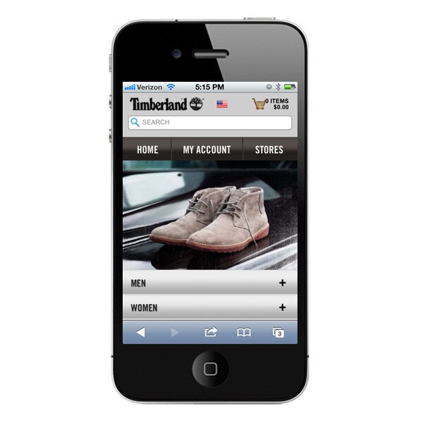 Display of Timberland shoes on a mobile website in a smartphone layout.