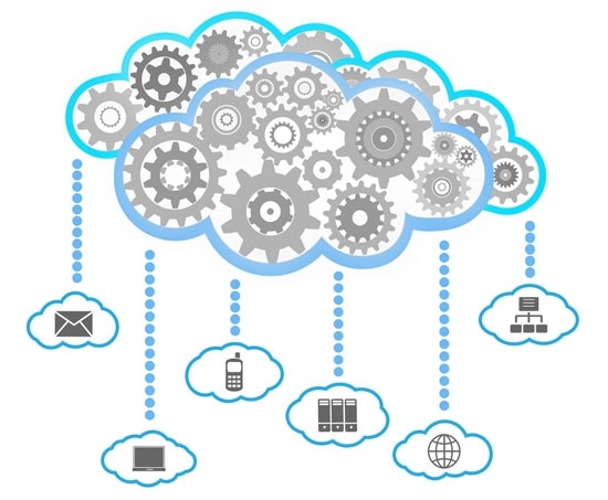 Illustration of a cloud with gears and connected devices.