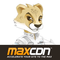 Cartoonish mascot of MaxCDN featuring a cheerful animal character wearing a racing shirt with the MaxCDN logo.