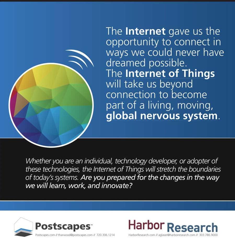 An illustrated poster discussing the impact of the Internet and the Internet of Things on connectivity and technology.