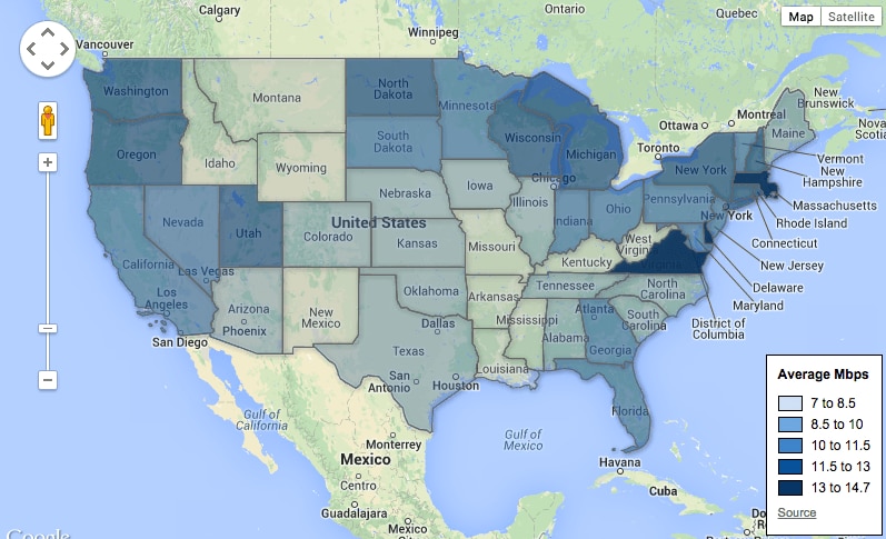 A map of the United States showing average internet speed in Mbps