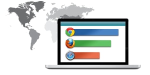 Illustration of a laptop displaying browser usage statistics with a world map in the background.