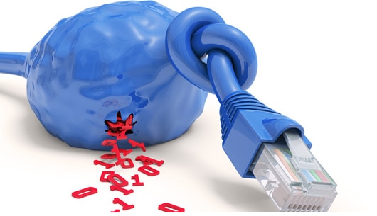 A blue network plug spilling binary code from a stylized blue blob.