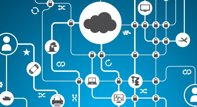 Illustration depicting cloud technology with various connected icons.