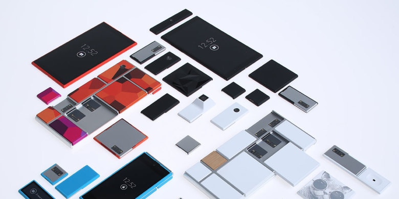 An array of modular smartphone components,including screens and various colored blocks,displayed on a white background.