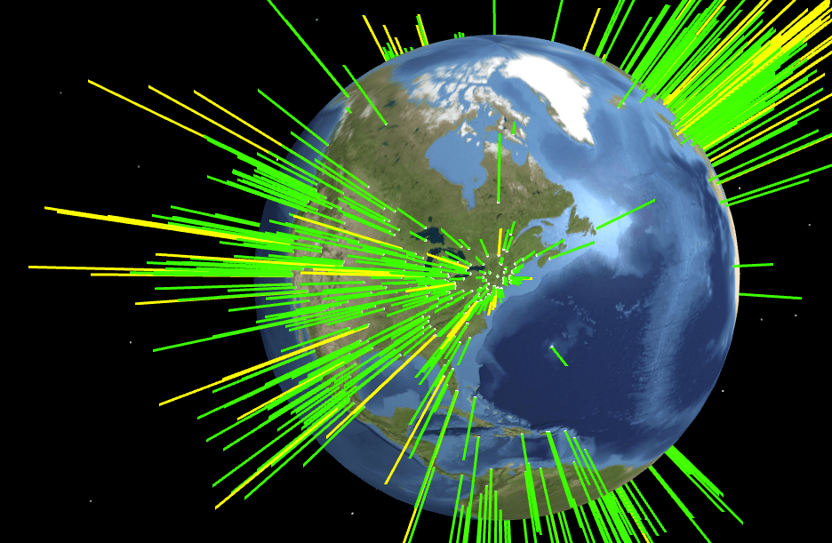 A 3D representation of Earth with colorful lines extending outward,illustrating global connections or data flow.