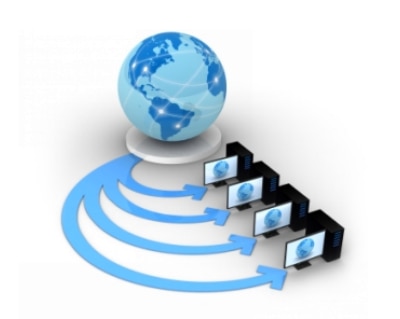 A digital illustration representing a global network with a globe and multiple computer screens connected by arrows.