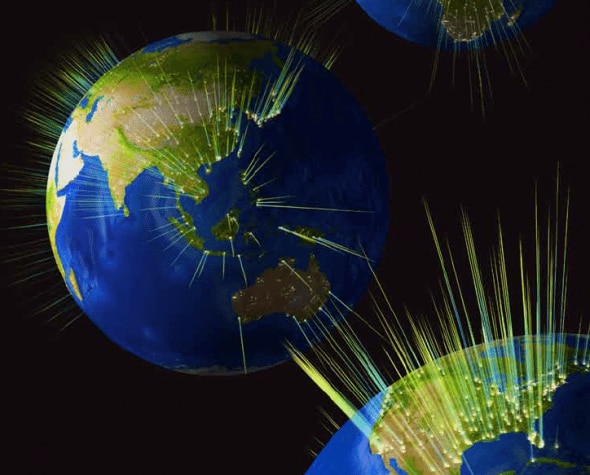 An artistic representation of Earth with glowing lines radiating from various locations