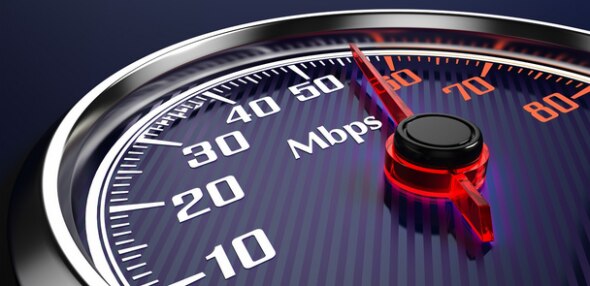 A speedometer gauge displaying internet speed in Mbps