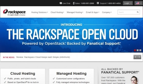 Homepage of Rackspace featuring the introduction of Rackspace Open Cloud powered by OpenStack.