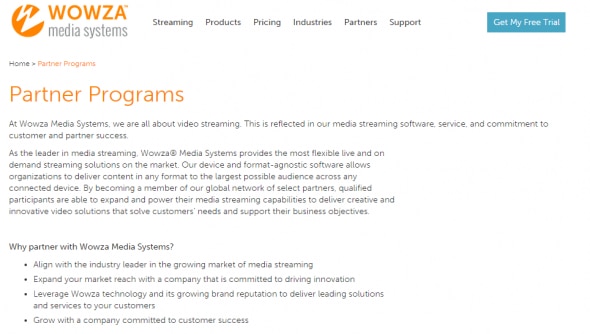 Screenshot of Wowza Media Systems' Partner Programs webpage.