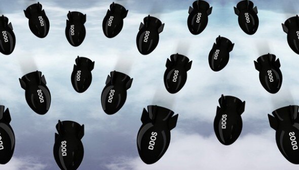 A graphic depicting multiple bombs labeled 'DDOS' falling from the sky.