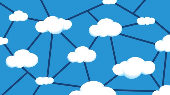 An illustration of a blue sky with white clouds interconnected by dark lines,representing a network.