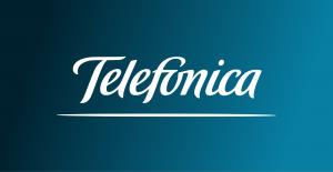 Logo of Telefonica displayed on a blue gradient background.