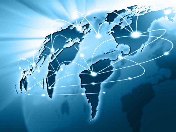 A digital illustration of a world map with interconnected lines representing global connectivity.