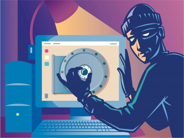 An illustration of a masked character attempting to open a safe on a computer screen.