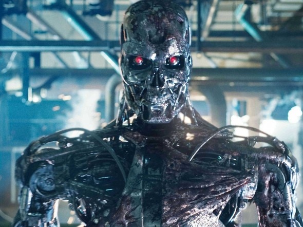 A humanoid robotic figure with red eyes and exposed mechanical components,set against a futuristic industrial backdrop.