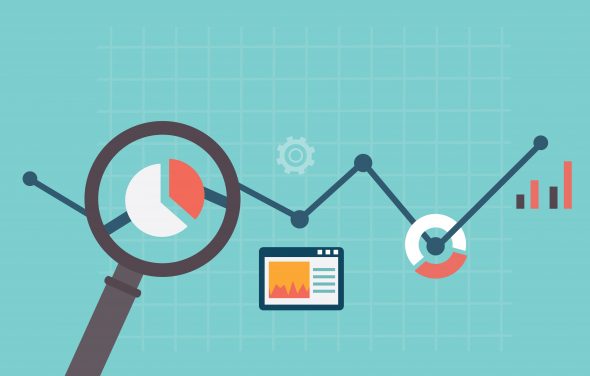 An illustration depicting data analysis with a magnifying glass,pie chart,line graph,and a computer displaying data.