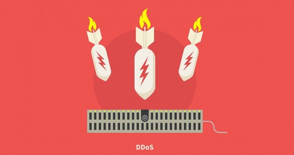 An illustration depicting three bomb-like icons with flames above a network device