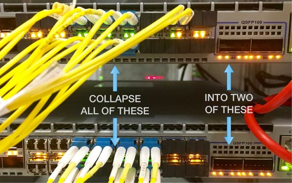 A network switch with multiple cables and instructions for organizing connections.