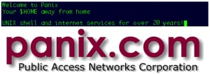 A welcome screen for Panix,featuring a UNIX shell interface and the logo of Public Access Networks Corporation.