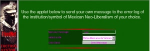 An interface for sending messages related to Mexican Neo-Liberalism,featuring input fields and a bold background.