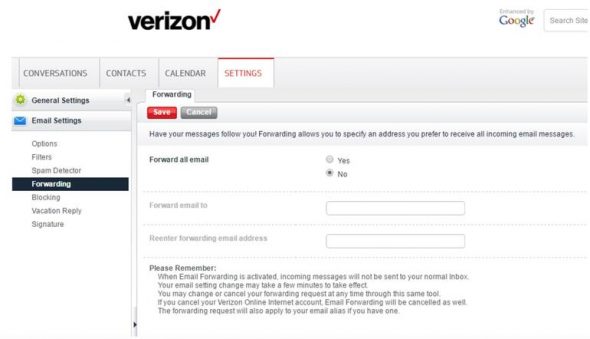 Screenshot of Verizon email settings for forwarding options.