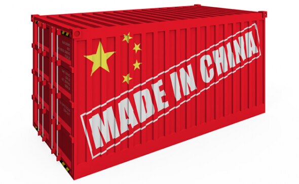 A red shipping container with the text 'MADE IN CHINA' and the China's flag graphic prominently displayed.