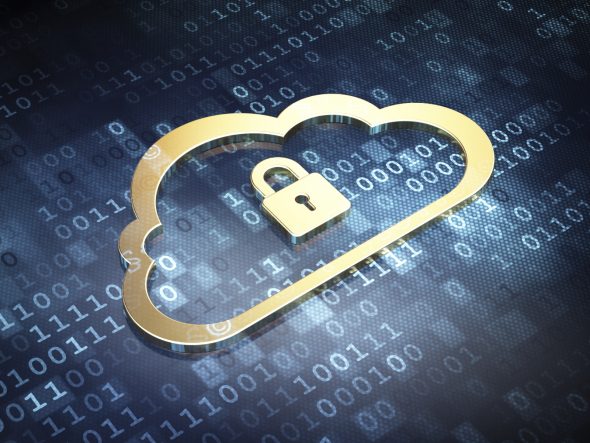 A golden cloud symbol with a padlock,representing cloud security,over a background of binary code.