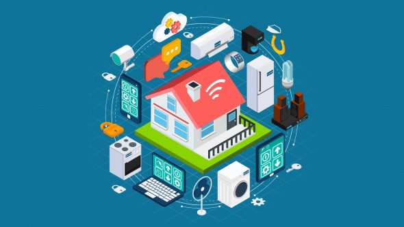 An illustration of a smart home with various connected devices.