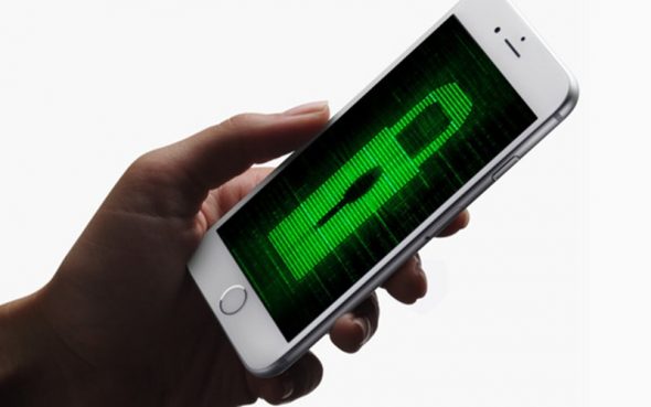 A hand holding a smartphone displaying a green lock icon on a dark background