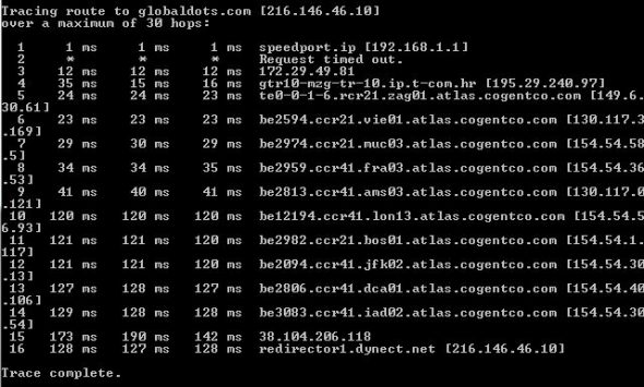 Terminal output showing the traceroute command results to globaldots.com,detailing the hops and response times.