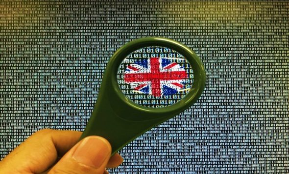 A hand holding a magnifying glass that focuses on a British flag