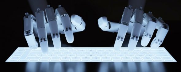 Robotic hands typing on a glowing keyboard.