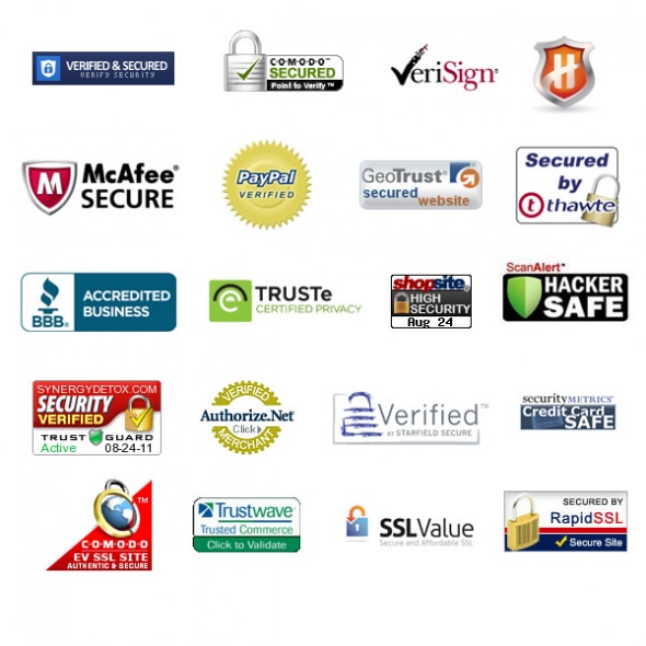 A collection of various website security and verification logos such as McAfee Secure,PayPal Verified,and VeriSign.