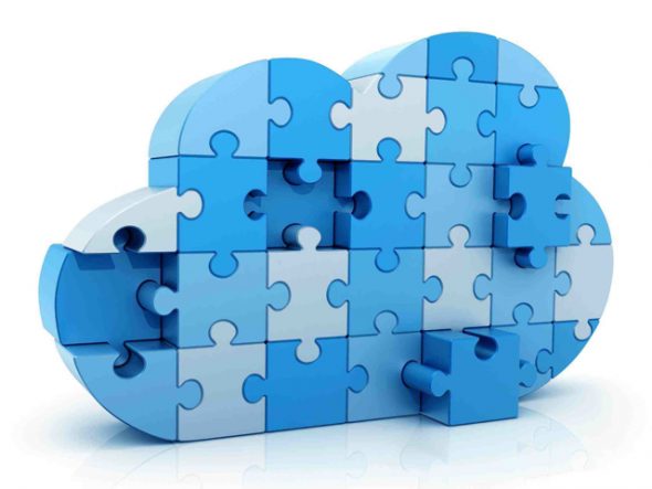 A cloud shape made of interlocking blue puzzle pieces.