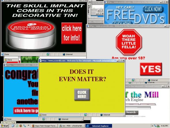 A collage of retro internet pop-up ads with various quirky messages.