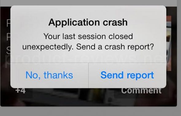 A popup message indicating an application crash,asking the user if they want to send a crash report.