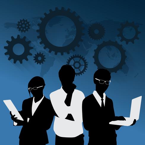 Silhouettes of three professionals with laptops and tablets,set against a blue background featuring gears.