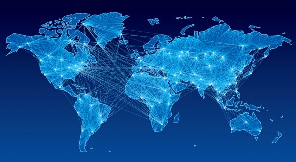 A digital representation of a world map with interconnected nodes and lines