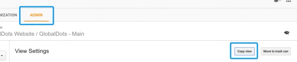 Screenshot showing admin settings interface with options to copy view and move to trash.