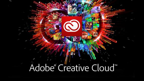 Adobe Creative Cloud logo with a colorful burst of various media icons.