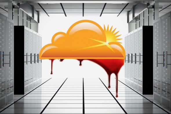 An artistic representation of a cloud logo dripping with liquid,set against the backdrop of a server room.