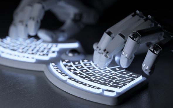 A pair of robotic hands typing on a glowing,modern keyboard in a dark environment.